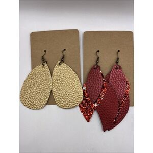 Set of 2 Handmade Teardrop Leather Earrings‎ Red & Gold- Holidays, Christmas